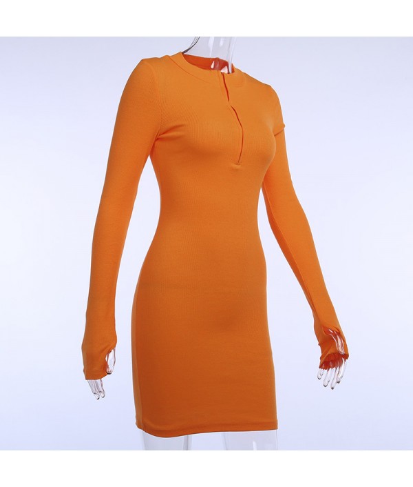 Women Sexy Solid Color Zipper Long Sleeve Mini Dresses