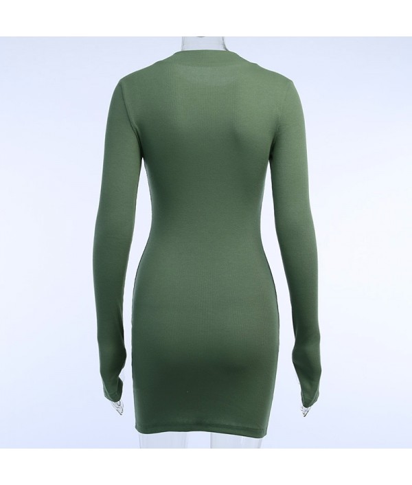 Women Sexy Solid Color Zipper Long Sleeve Mini Dresses