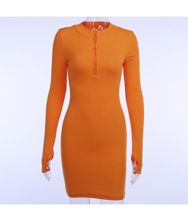 Women Sexy Solid Color Zipper Long Sleeve Mini Dresses