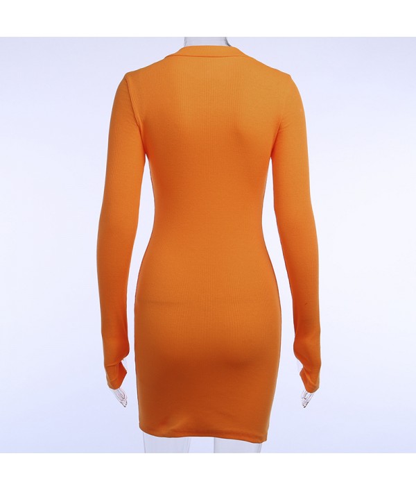 Women Sexy Solid Color Zipper Long Sleeve Mini Dresses