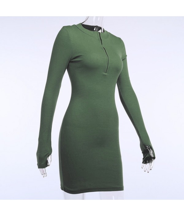 Women Sexy Solid Color Zipper Long Sleeve Mini Dresses