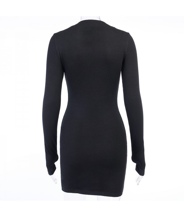 Women Sexy Solid Color Zipper Long Sleeve Mini Dresses