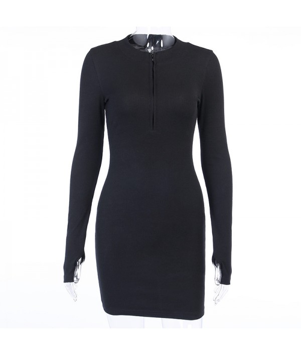 Women Sexy Solid Color Zipper Long Sleeve Mini Dresses