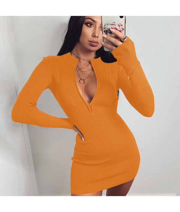 Women Sexy Solid Color Zipper Long Sleeve Mini Dresses