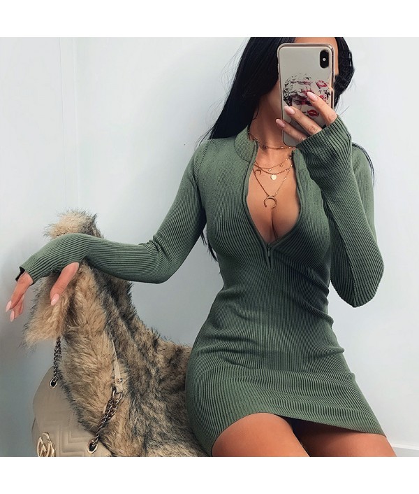 Women Sexy Solid Color Zipper Long Sleeve Mini Dresses