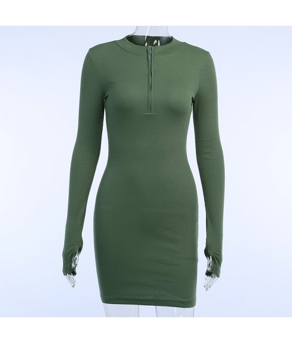 Women Sexy Solid Color Zipper Long Sleeve Mini Dresses