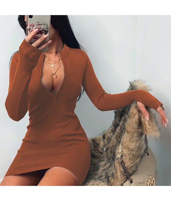 Women Sexy Solid Color Zipper Long Sleeve Mini Dresses