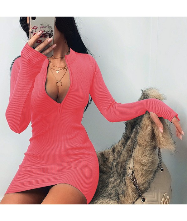 Women Sexy Solid Color Zipper Long Sleeve Mini Dresses