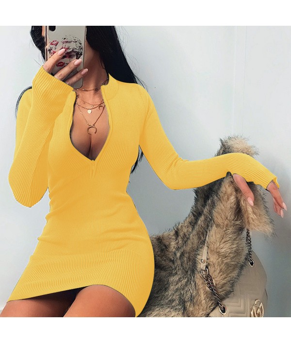 Women Sexy Solid Color Zipper Long Sleeve Mini Dresses