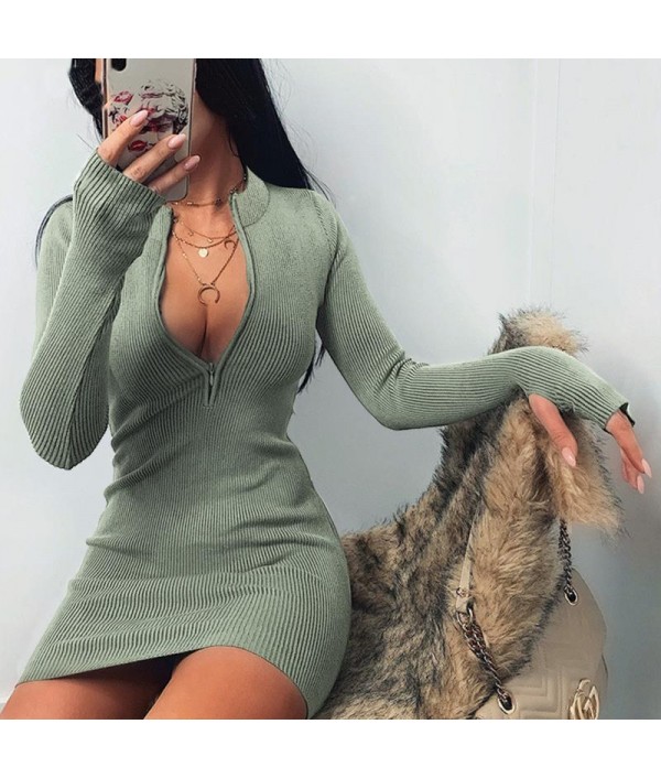 Women Sexy Solid Color Zipper Long Sleeve Mini Dresses