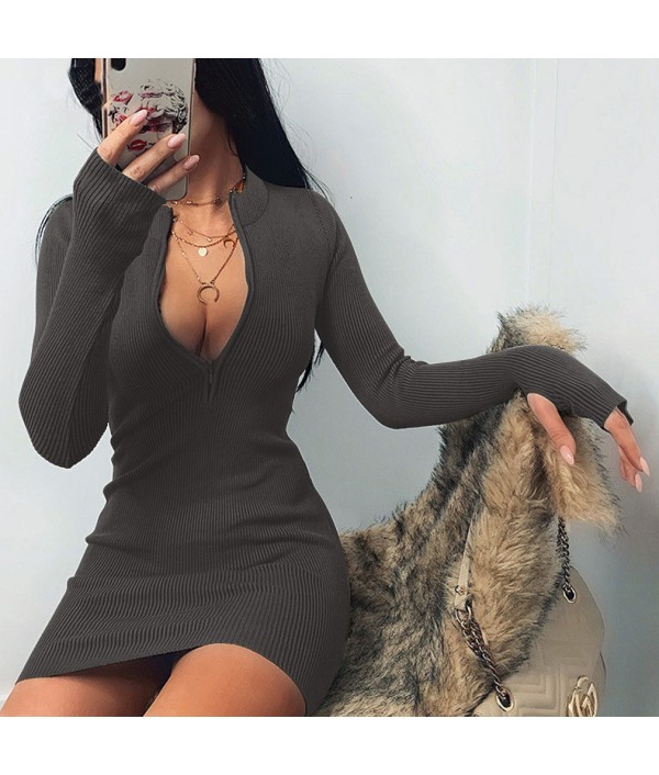 Women Sexy Solid Color Zipper Long Sleeve Mini Dresses