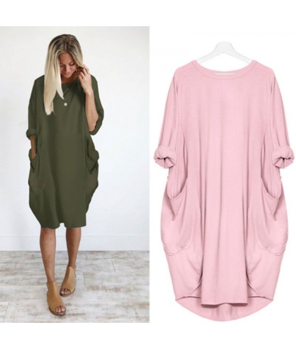 Hot Sale Women Casual Round Collar Long-sleeve Solid Color Loose Dress