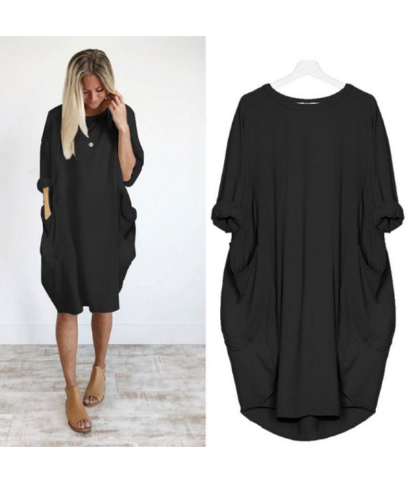 Hot Sale Women Casual Round Collar Long-sleeve Solid Color Loose Dress