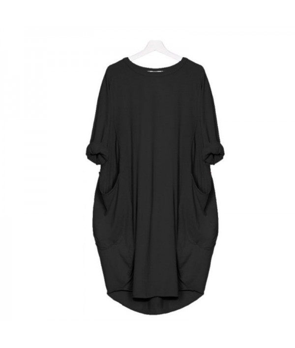 Hot Sale Women Casual Round Collar Long-sleeve Solid Color Loose Dress