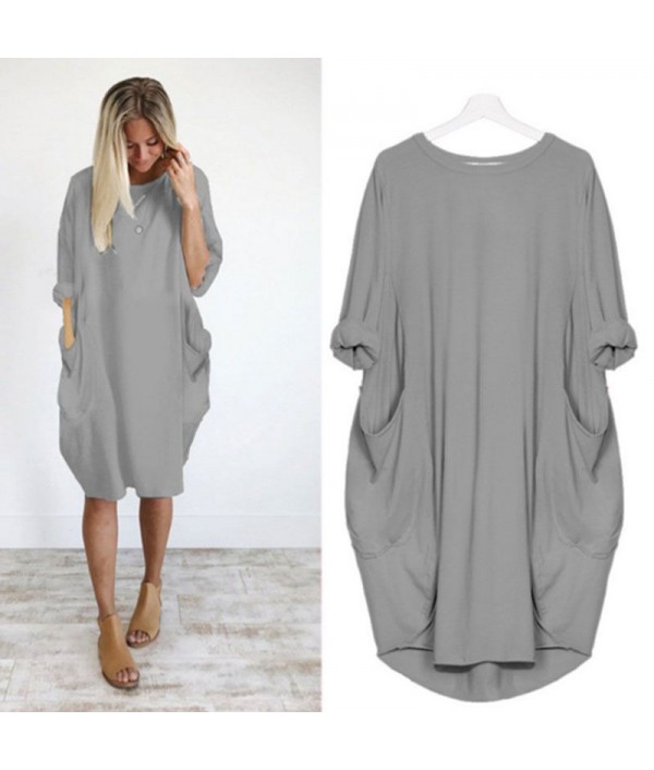 Hot Sale Women Casual Round Collar Long-sleeve Solid Color Loose Dress