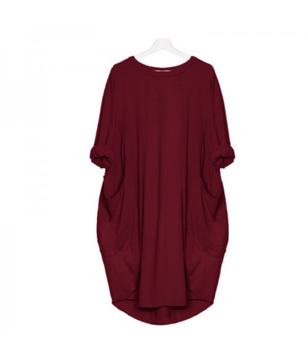 Hot Sale Women Casual Round Collar Long-sleeve Solid Color Loose Dress