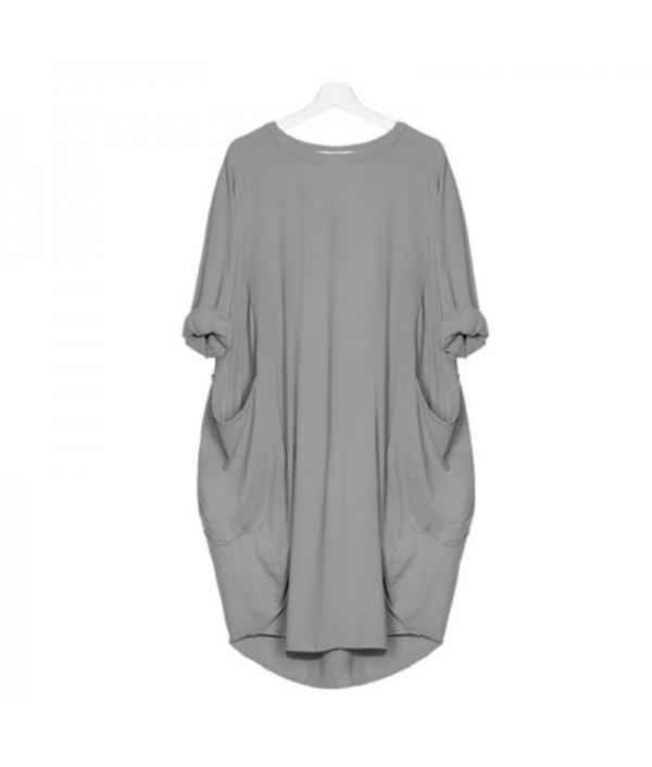 Hot Sale Women Casual Round Collar Long-sleeve Solid Color Loose Dress