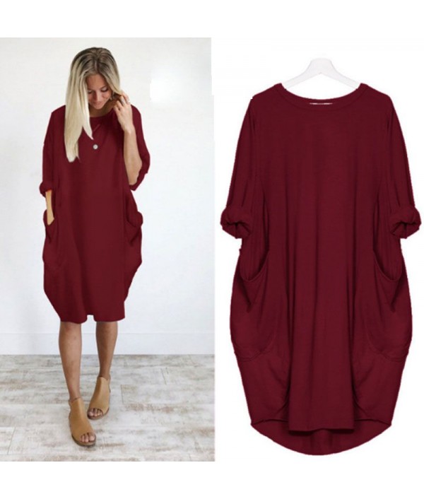 Hot Sale Women Casual Round Collar Long-sleeve Solid Color Loose Dress