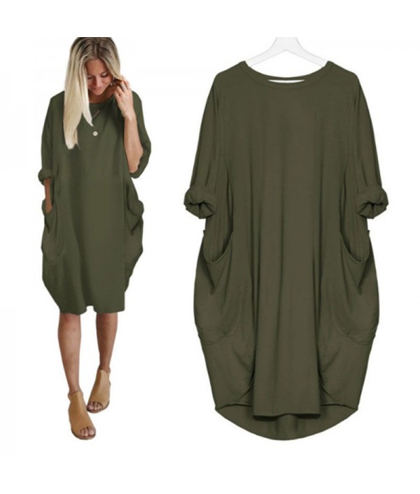 Hot Sale Women Casual Round Collar Long-sleeve Solid Color Loose Dress