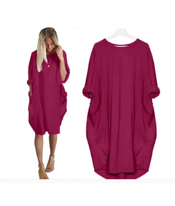 Hot Sale Women Casual Round Collar Long-sleeve Solid Color Loose Dress