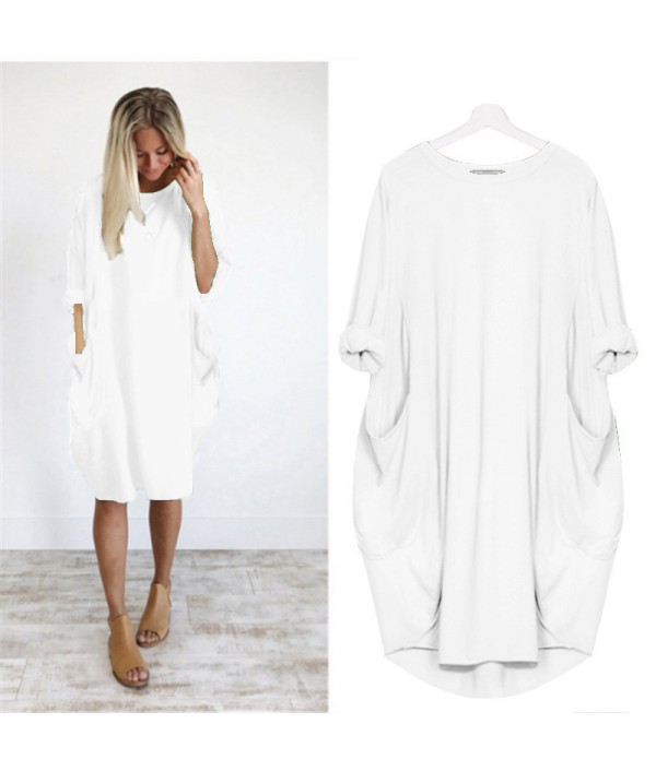 Hot Sale Women Casual Round Collar Long-sleeve Solid Color Loose Dress