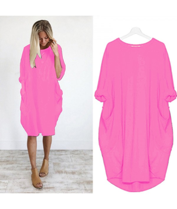 Hot Sale Women Casual Round Collar Long-sleeve Solid Color Loose Dress