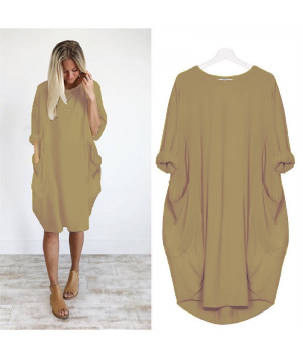 Hot Sale Women Casual Round Collar Long-sleeve Solid Color Loose Dress