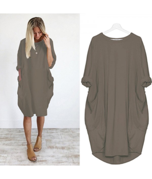 Hot Sale Women Casual Round Collar Long-sleeve Solid Color Loose Dress