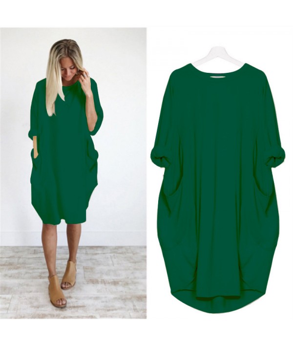 Hot Sale Women Casual Round Collar Long-sleeve Solid Color Loose Dress