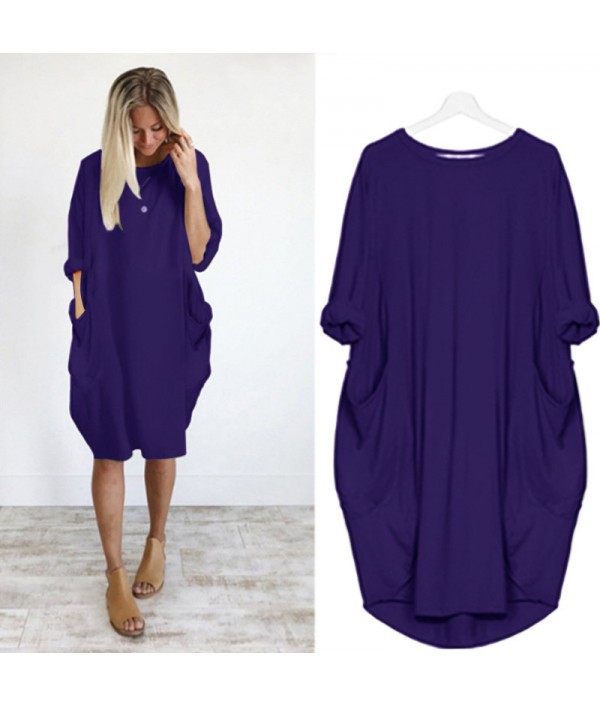 Hot Sale Women Casual Round Collar Long-sleeve Solid Color Loose Dress