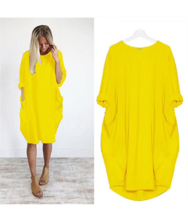 Hot Sale Women Casual Round Collar Long-sleeve Solid Color Loose Dress