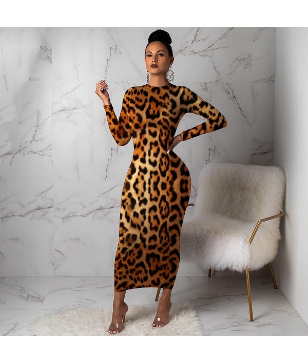 S-XXL Sexy Leopard Round Neckline Long-sleeve Maxi Bodycon Dress