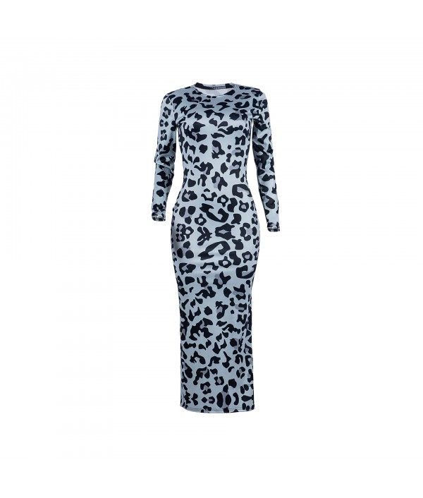 S-XXL Sexy Leopard Round Neckline Long-sleeve Maxi Bodycon Dress