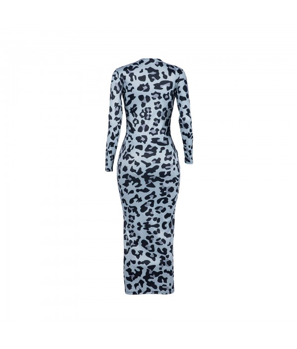 S-XXL Sexy Leopard Round Neckline Long-sleeve Maxi Bodycon Dress