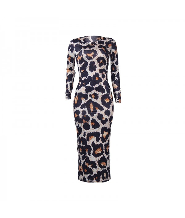 S-XXL Sexy Leopard Round Neckline Long-sleeve Maxi Bodycon Dress