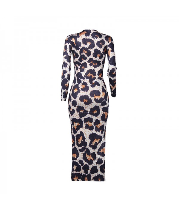 S-XXL Sexy Leopard Round Neckline Long-sleeve Maxi Bodycon Dress