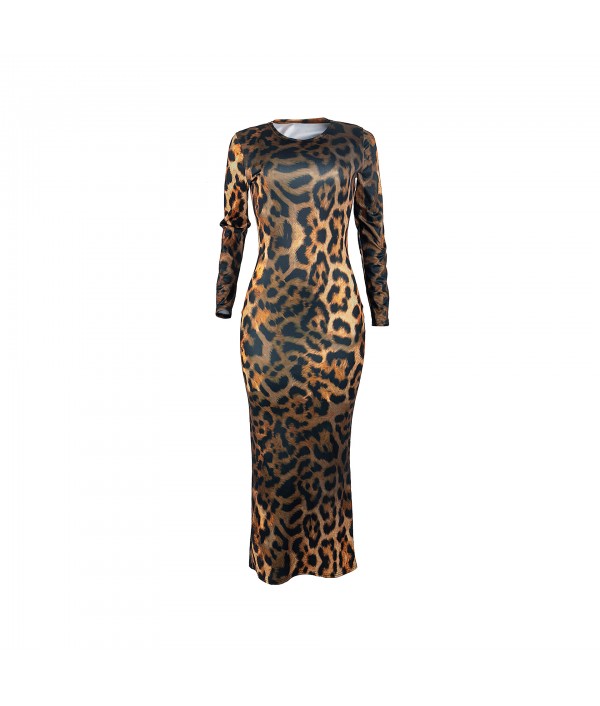 S-XXL Sexy Leopard Round Neckline Long-sleeve Maxi Bodycon Dress