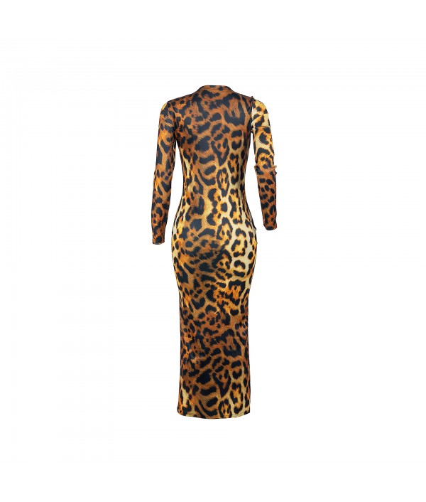 S-XXL Sexy Leopard Round Neckline Long-sleeve Maxi Bodycon Dress