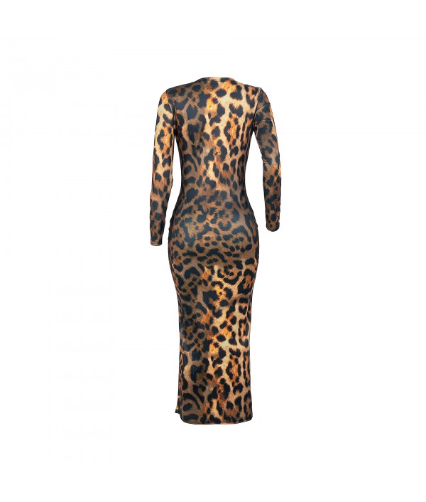 S-XXL Sexy Leopard Round Neckline Long-sleeve Maxi Bodycon Dress