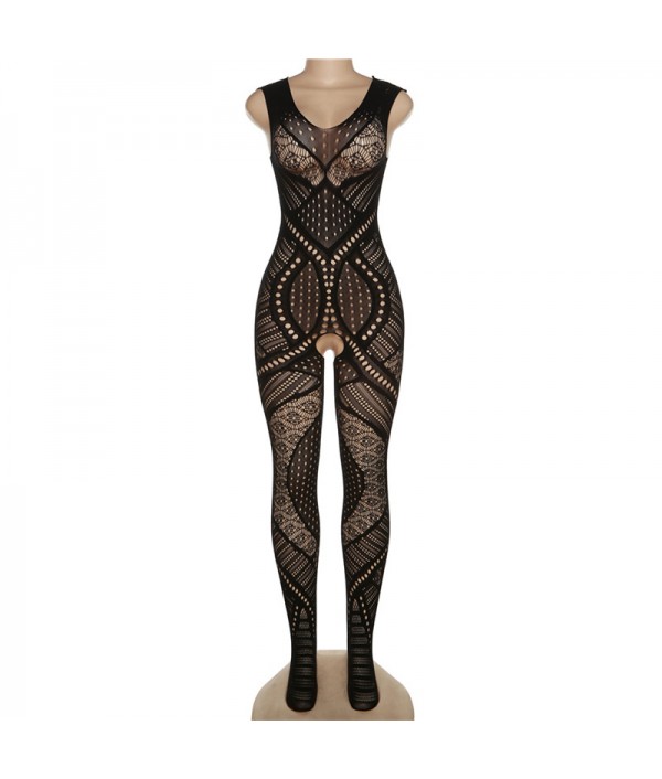 Women'S Fashion Sexy Sling Low Cut Perspective Mesh Lace Tight High Waist Jumpsuit