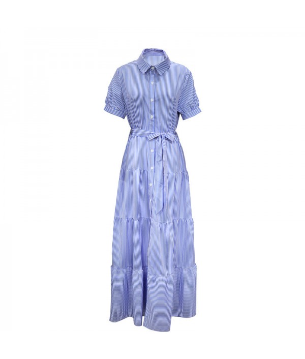 Casual Women Classic Stripe Short Sleeve Sash Lapel Maxi Dress