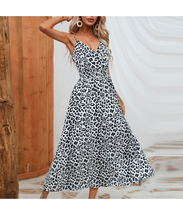 Women Casual Leopard Printing V-Neck Defined Waist Sundresses