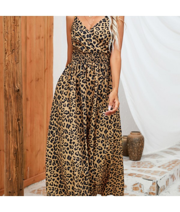 Women Casual Leopard Printing V-Neck Defined Waist Sundresses