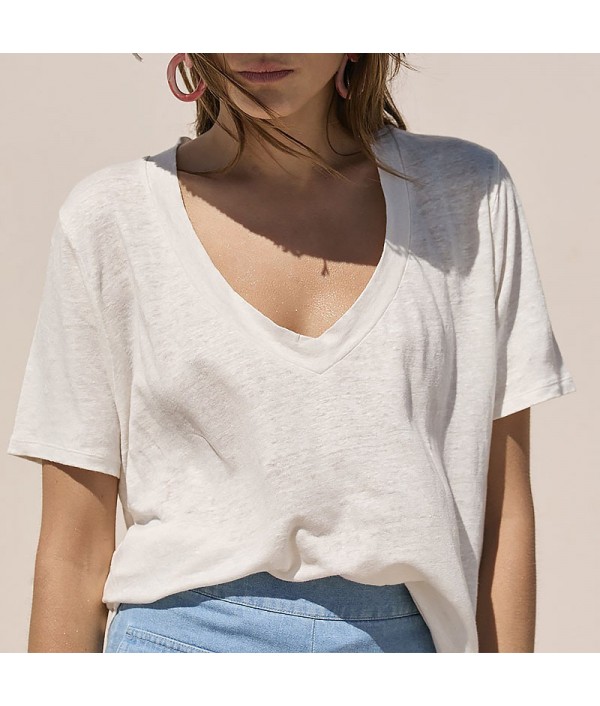 Women Casual Basic Short Sleeve V Neck Solid Color Loose Blank T-Shirt