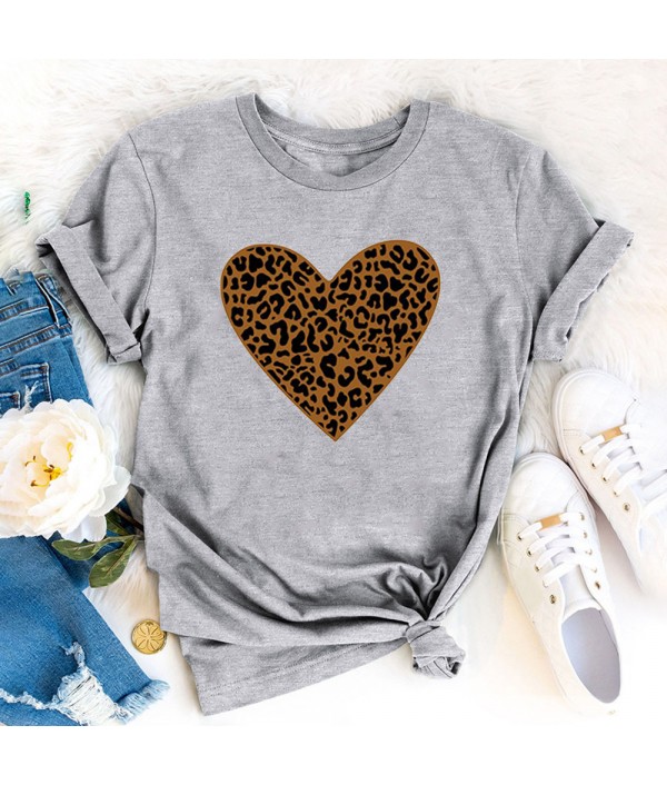 Women Fashion Heart Leopard Print Round Neck Short Sleeve T-Shirt