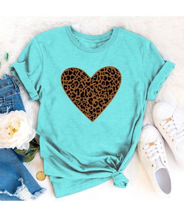 Women Fashion Heart Leopard Print Round Neck Short Sleeve T-Shirt