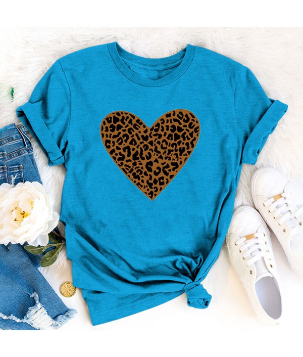 Women Fashion Heart Leopard Print Round Neck Short Sleeve T-Shirt