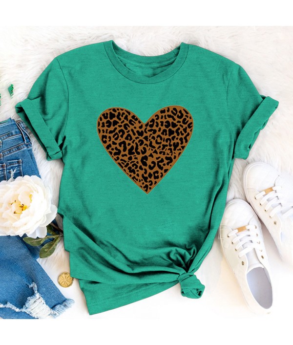 Women Fashion Heart Leopard Print Round Neck Short Sleeve T-Shirt