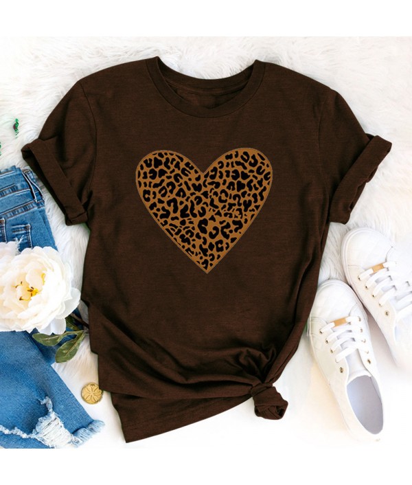 Women Fashion Heart Leopard Print Round Neck Short Sleeve T-Shirt