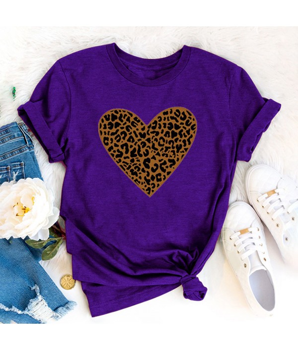 Women Fashion Heart Leopard Print Round Neck Short Sleeve T-Shirt